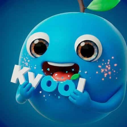 Personnage de la série Kwoi avec grands yeux et sourire joyeux.
